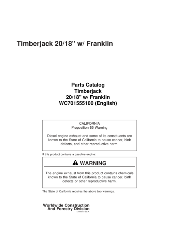 Koehring 18 Inch, 20 Inch (Franklin 5002) Felling Heads (64150 to 970775) Parts Catalog Manual – WC701555100 Workshop Guide