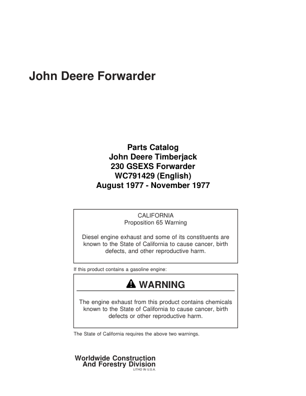 John Deere Timberjack 230 Forwarders (SN 790513-791462) Parts Catalog Manual – WC791429 Workshop Guide