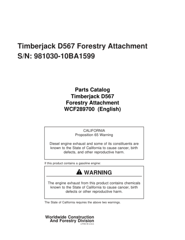 Timberjack D567 Dtt Disc Saw Felling Heads (SN 981030-10BA1599) Parts Catalog Manual Workshop Guide