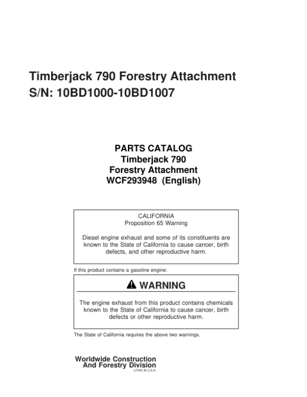 John Deere 790 Attachments (SN 10BD1000-10BD1006) Parts Catalog Manual – WCF293948 Workshop Guide