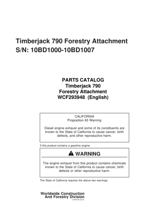 John Deere 790 Attachments (SN 10BD1000-10BD1006) Parts Catalog Manual – WCF293948 Workshop Guide