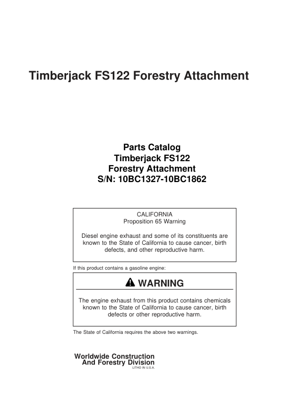 John Deere FS122 Felling Heads (SN 10BC1327-10BC1862) Parts Catalog Manual – WCF295106 Workshop Guide