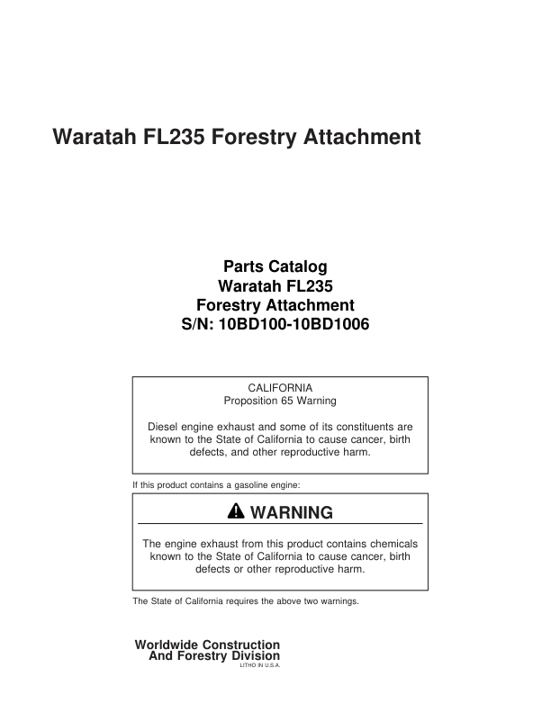 John Deere FL235 Felling Heads (SN 10BD1000-10BD1006) Parts Catalog Manual – WCF296744 Workshop Guide