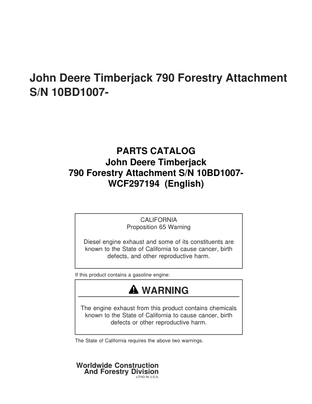 Timberjack 790 Felling Heads (SN 10BD1007-) Parts Catalog Manual – WCF297194 Workshop Guide