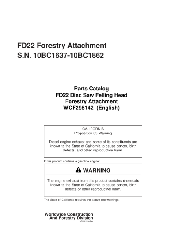 Timberjack  FS122B Stt Disc Saw Felling Heads (SN 10BC1637-10BC1862) Parts Catalog Manual – WCF298142 Workshop Guide