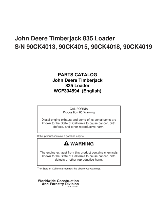 John Deere Timberjack 835 Knuckleboom Loader (SN 90CK4013, 90CK4015, 90CK4018, 90CK4019) Parts Catalog Manual Workshop Guide