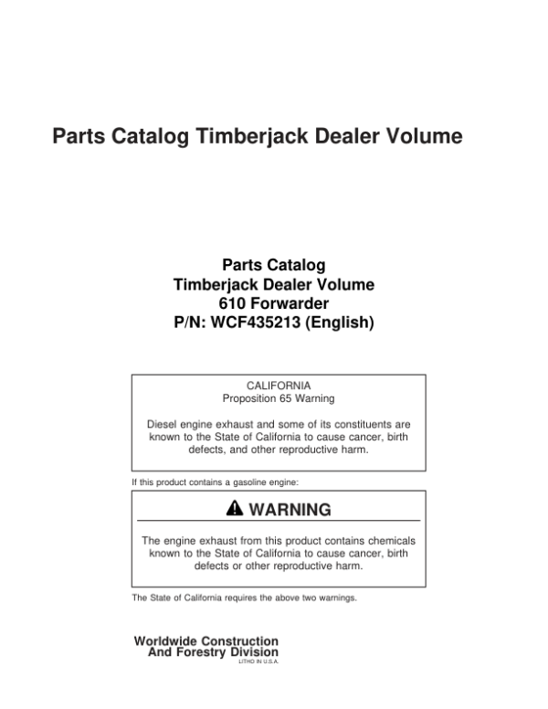 Timberjack 610 Forwarders Parts Catalog Manual – WCF435213 Workshop Guide
