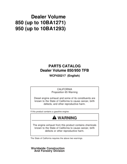 John Deere 850, 950 Tracked Feller Bunchers (SN 969125 – 10BA127& 1969125 – 10BA1293) Parts Catalog Manual Workshop Guide