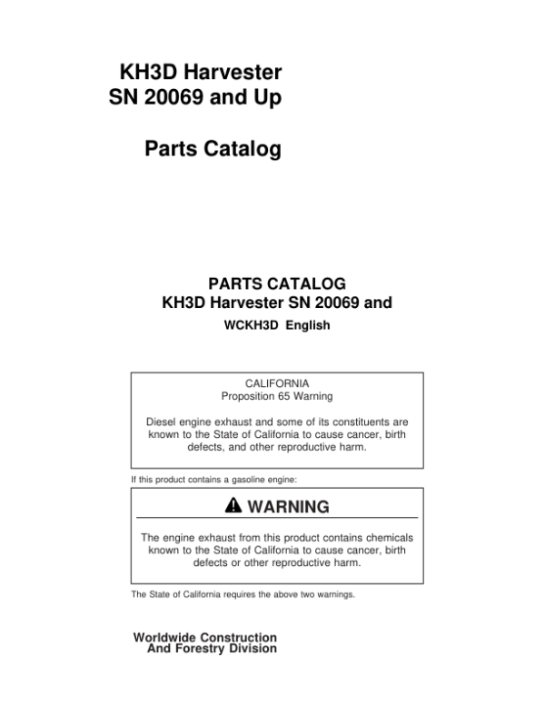 Koehring KH3D Harvester (SN 20069 and Up) Parts Catalog Manual Workshop Guide