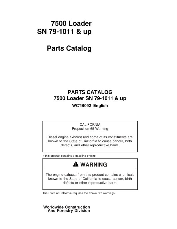 John Deere Eaton 7500 Loaders (SN 79-1011 & Up) Parts Catalog Manual Workshop Guide