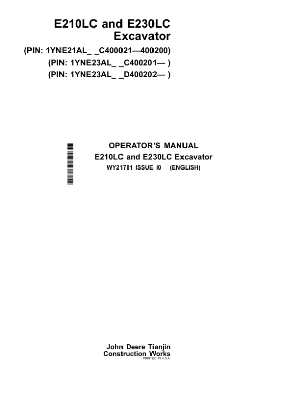 John Deere E210LC, E230LC Excavators Operator’s Manuals (WY21781) Workshop Guide