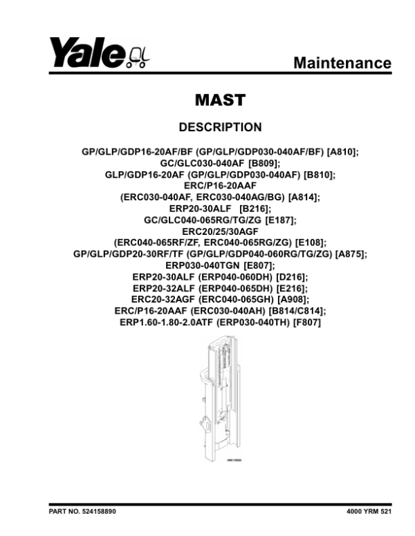 Yale ERC030AH, ERC040AH Forklift B814 Service Repair Manual Workshop Guide
