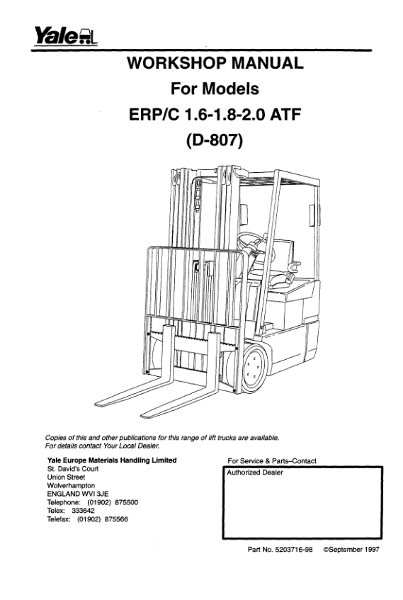 Yale ERC16ATF, ERC18ATF, ERC20ATF Forklift D807 Series Repair Manual Workshop Guide