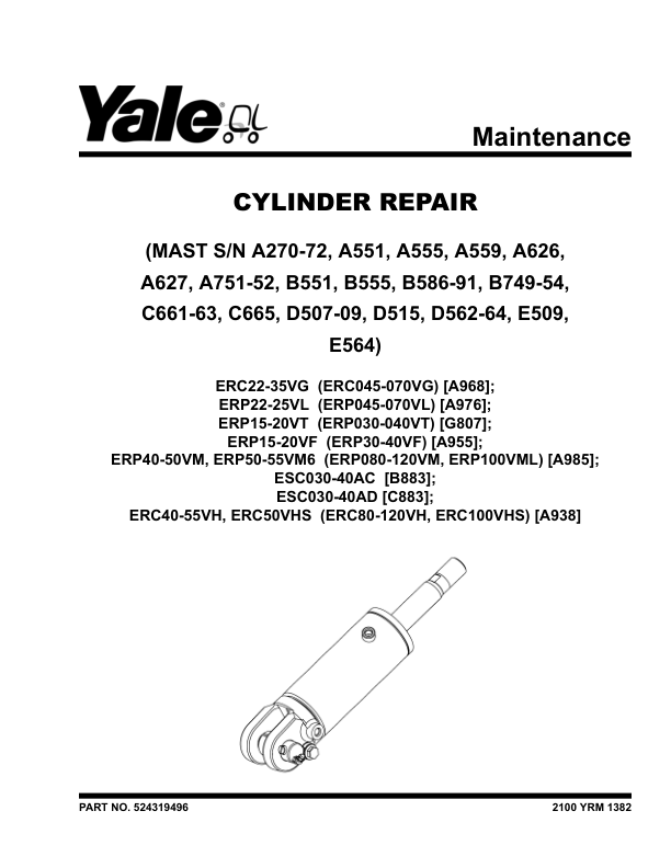 Yale ERP080VM, ERP090VM, ERP100VM, ERP100VML, ERP110VM, ERP120VM Forklift A985 Service Repair Manual Workshop Guide