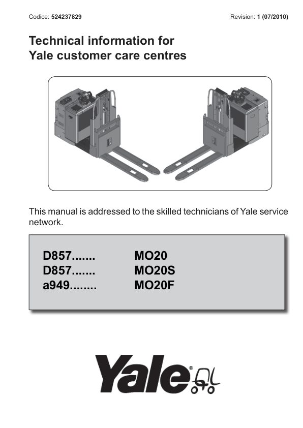 Yale MO20, MO20S Order Picker D857 Series Repair Manual Workshop Guide