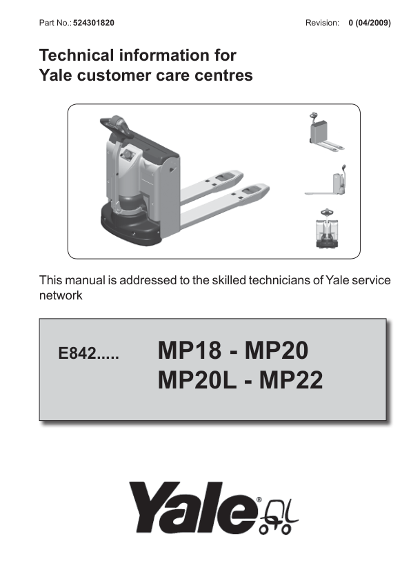 Yale MP18, MP20, MP20L, MP22 Pallet E842 Series Repair Manual Workshop Guide