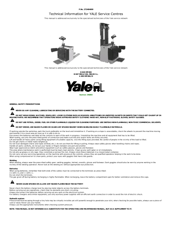 Yale MPC080E Pallet A892 Service Repair Manual Workshop Guide