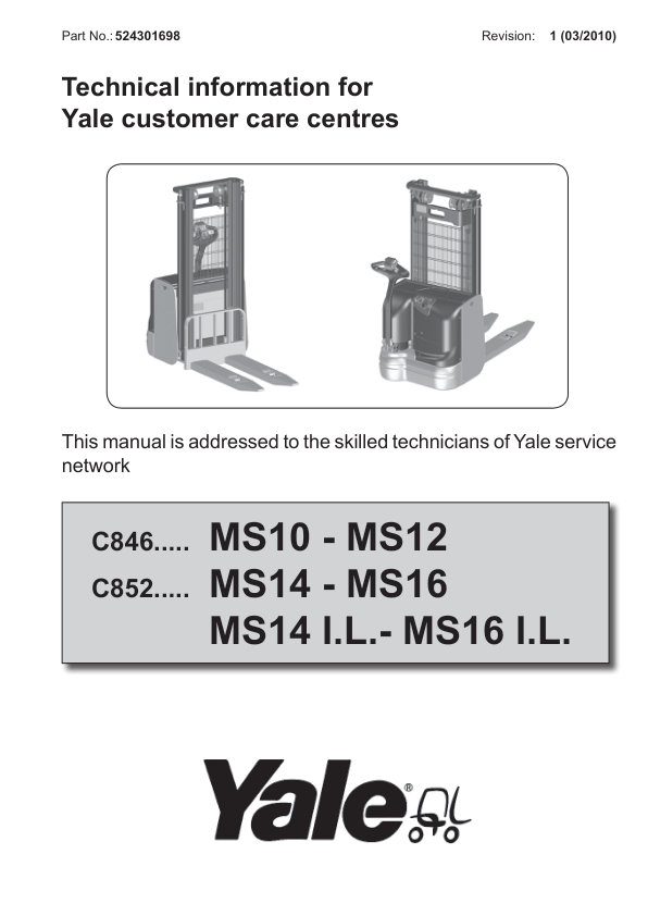 Yale MS10AC, MS12AC Stacker C846 Service Repair Manual Workshop Guide