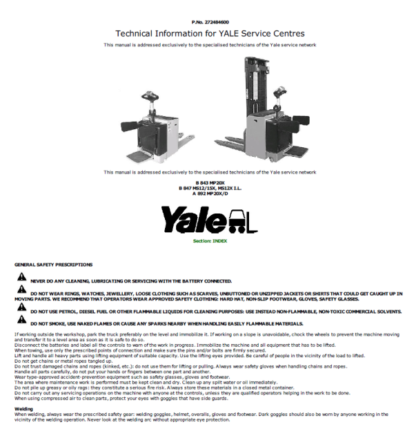 Yale MS1215X, MS12XIL Stacker B847 Service Repair Manual Workshop Guide