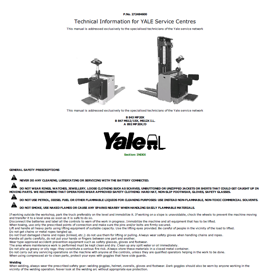 Yale MS1215X, MS12XIL Stacker B847 Service Repair Manual Workshop Guide