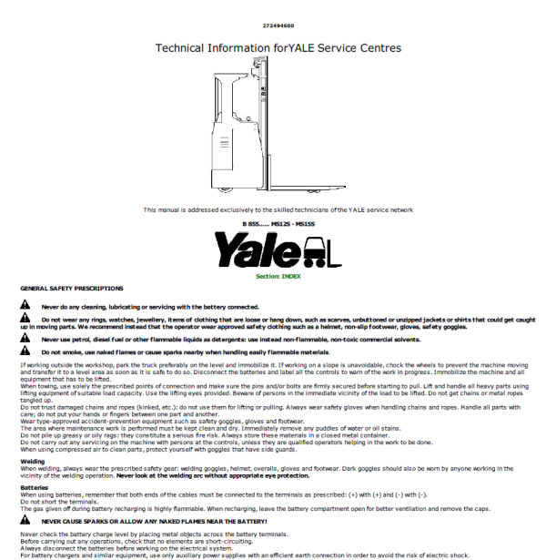 Yale MS12S, MS15S Pallet Stacker B855 Service Repair Manual Workshop Guide