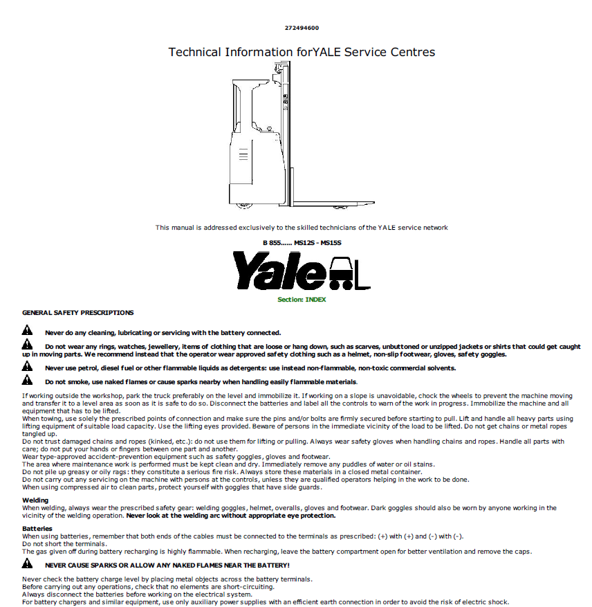 Yale MS12S, MS15S Pallet Stacker B855 Service Repair Manual Workshop Guide