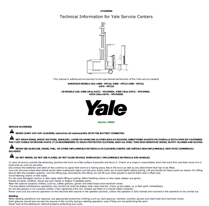 Yale MTC10, MTC13 Forklift A868 Service Repair Manual Workshop Guide