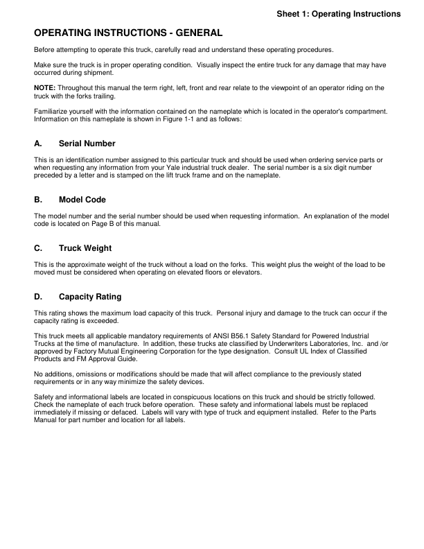 Yale NR035AC, NR035BC, NR040AC, NR045AC, NR045BC Forklift B829 Service Repair Manual Workshop Guide