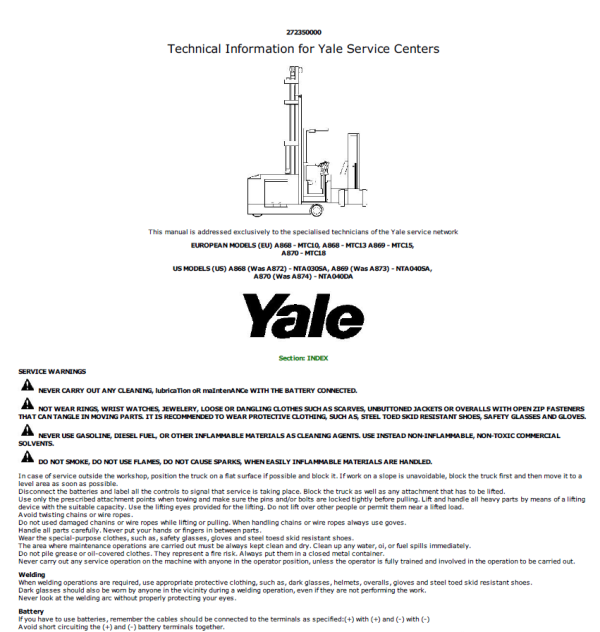 Yale NTA030SA Forklift A872 Service Repair Manual Workshop Guide