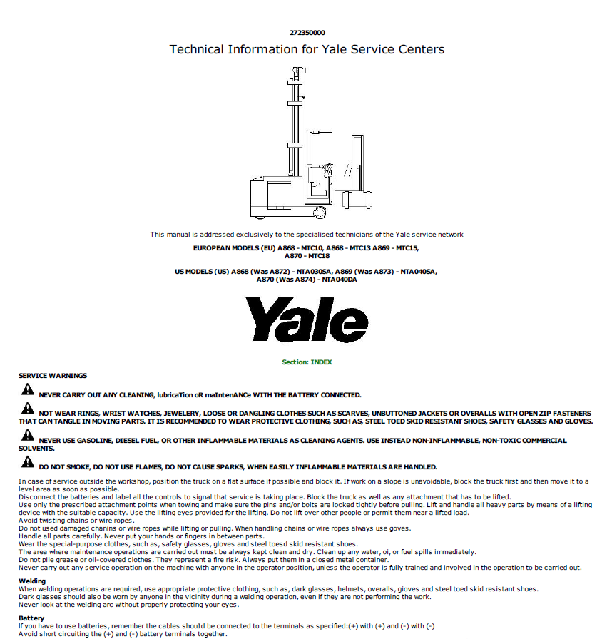 Yale NTA030SA Forklift A872 Service Repair Manual Workshop Guide