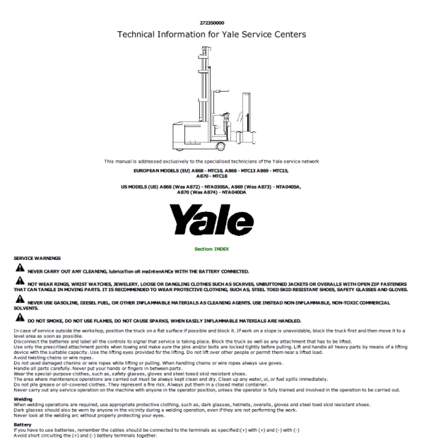 Yale NTA040DA Forklift A874 Service Repair Manual Workshop Guide