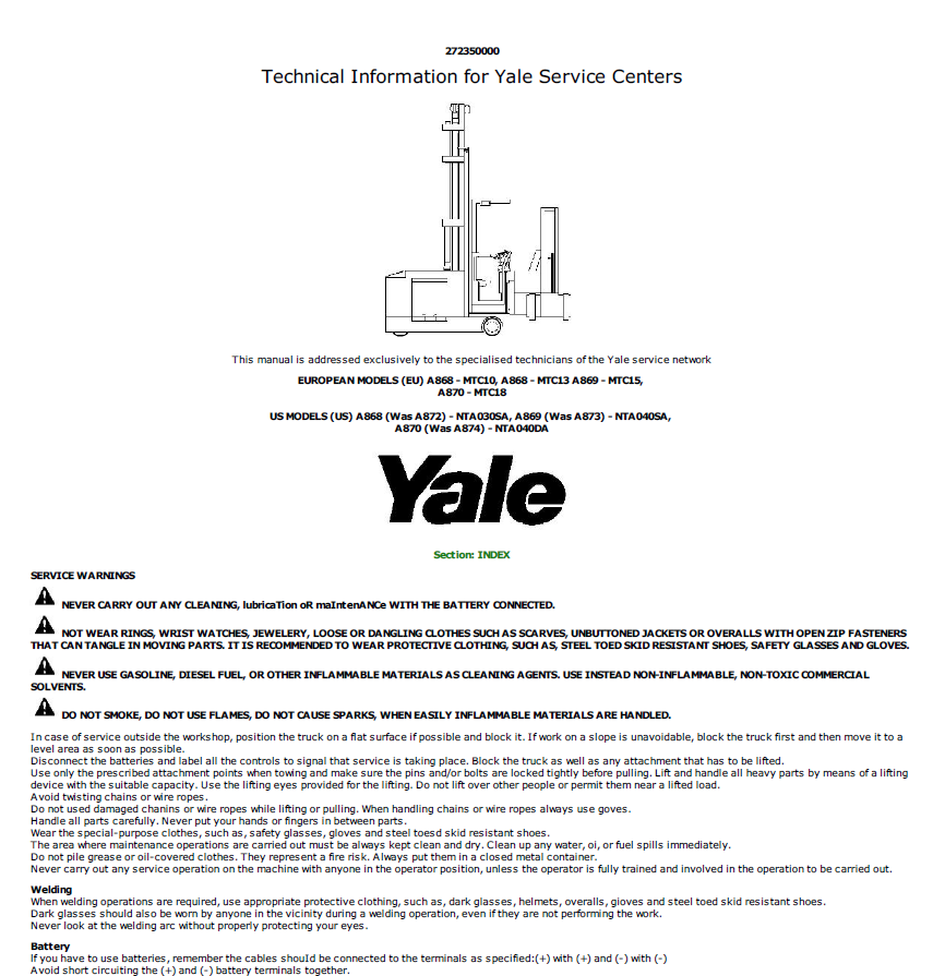 Yale NTA040DA Forklift A874 Service Repair Manual Workshop Guide