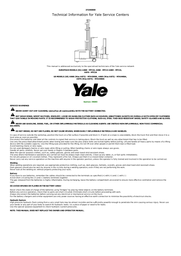 Yale NTA040SA Forklift A873 Service Repair Manual Workshop Guide