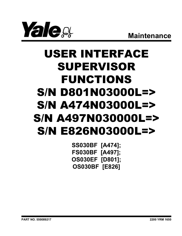 Yale OS030BF Order Picker E826 Series Repair Manual Workshop Guide