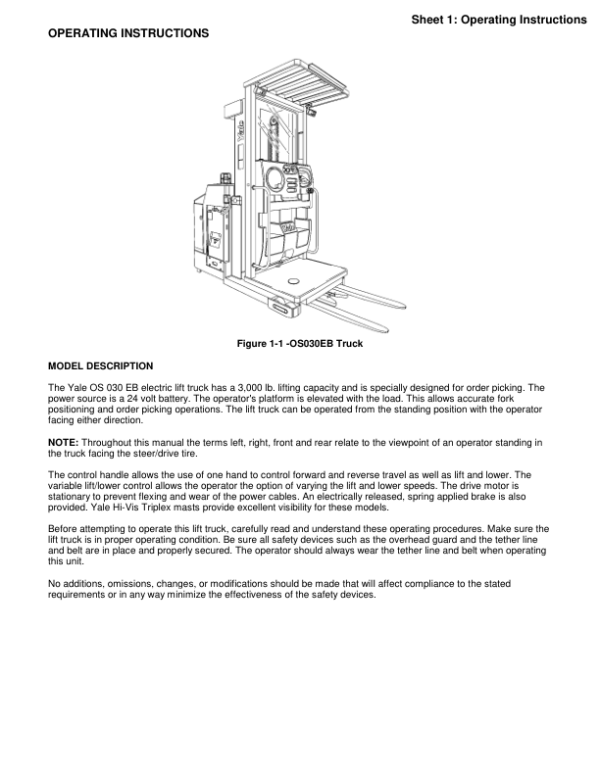 Yale OS030EB Order Picker B801 Service Repair Manual Workshop Guide