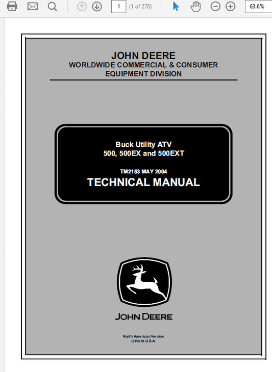 John Deere ATV 500, ATV 500EX, ATV 500EXT Buck Utility Technical Manual Workshop Guide
